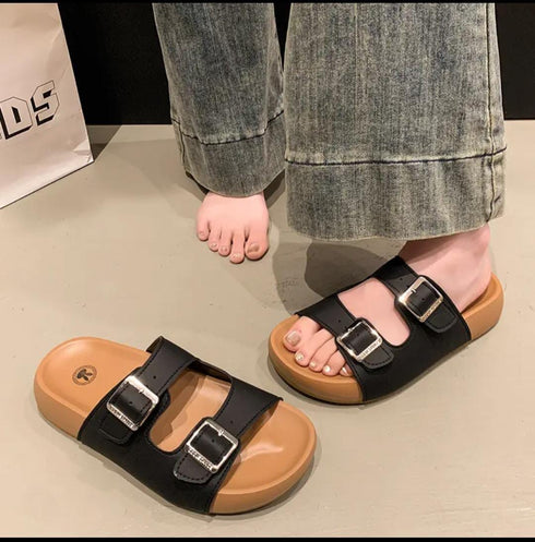 Double Buckle Open Toe Wedge Slide On